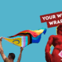 Person holding a large Progress Pride flag against a bright blue background. On the right, a graphic of Michelangelo’s David in a red silhouette style stands beside a hand holding a pink square condom. A red banner in the top right corner reads “Your Weekly Wrap Up”.