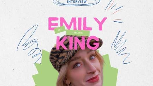 A stylized graphic introducing an interview with sex therapist Emily King. The background is light with hand-drawn blue and pink doodles. Large pink text reads “EMILY KING,” with small green labels above the words saying “SEX” and “THERAPIST.” Below, there is a portrait of Emily King wearing a patterned beret, smiling softly at the camera.