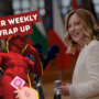 A graphic for a “Your Weekly Wrap Up” newsletter. On the right, Italian Prime Minister Giorgia Meloni is smiling while speaking at a press podium, with blurred EU member state flags in the background. On the left, a red-tinted edited image of Michelangelo’s David is shown, with a cartoon hand holding a pink condom in front of him. A bold red banner across the top-left reads “YOUR WEEKLY WRAP UP.”