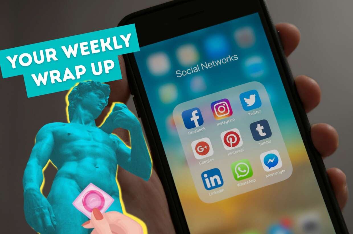 A hand holds a smartphone showing a folder of social media apps, including Facebook, Instagram, X, LinkedIn and WhatsApp. Beside the phone is a stylised turquoise image of Michelangelo’s David holding a phone, with text reading “Your weekly wrap up” in the top left corner.