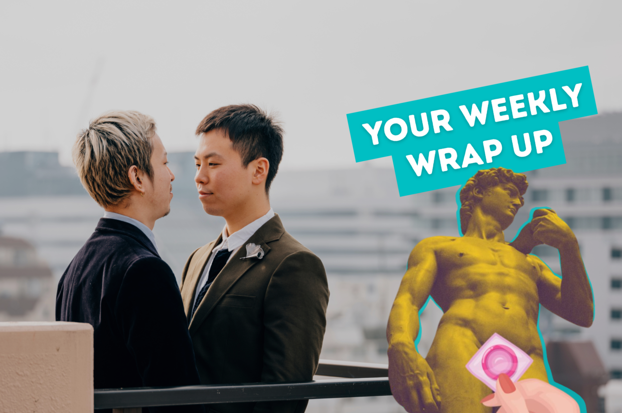 Two men stand closely facing each other on a rooftop, dressed in suits as if for a wedding or formal occasion, with a blurred cityscape in the background. On the right, an edited yellow-tinted image of Michelangelo’s David appears with a cartoon hand holding a pink condom in front of him. A bright teal banner above reads “YOUR WEEKLY WRAP UP.”