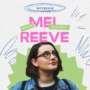 A stylized interview graphic featuring writer and archivist Mel Reeve. The background is light with hand-drawn blue and pink doodles. Large pink text reads “MEL REEVE,” with small green labels above saying “WRITER” and “ARCHIVIST.” Below, there is a photo of Mel looking slightly upward, wearing glasses and a denim jacket, framed by a green abstract shape.