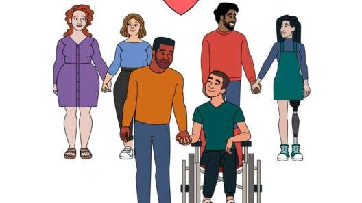 Illustration of diverse couples holding hands, including a same-sex couple and a person using a wheelchair, with a heart symbol above them.