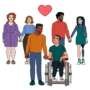 Illustration of diverse couples holding hands, including a same-sex couple and a person using a wheelchair, with a heart symbol above them.