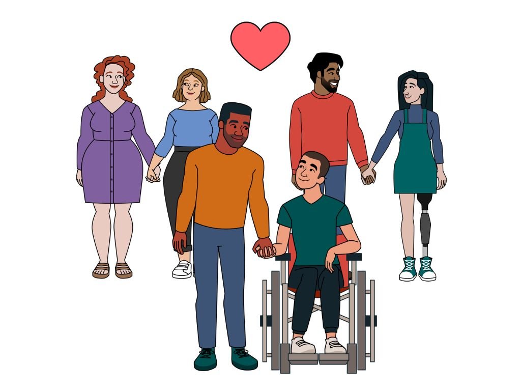 Illustration of diverse couples holding hands, including a same-sex couple and a person using a wheelchair, with a heart symbol above them.