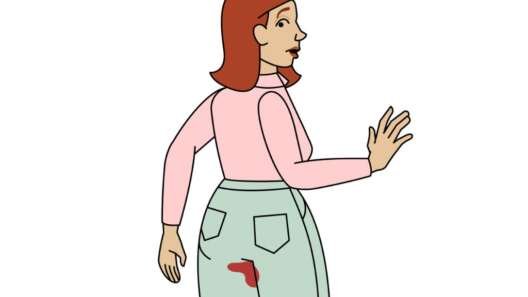 Illustration of a woman in profile wearing a pink top and green trousers, with a visible red stain on the back of her trousers suggesting a period leak.