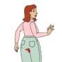 Illustration of a woman in profile wearing a pink top and green trousers, with a visible red stain on the back of her trousers suggesting a period leak.