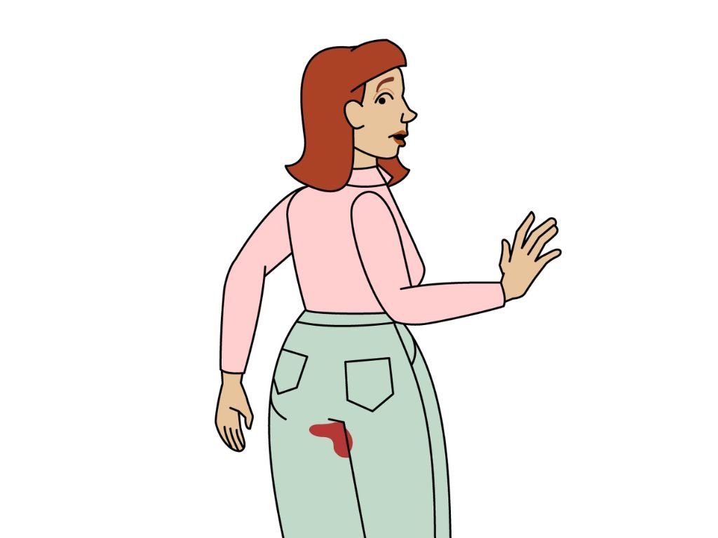 Illustration of a woman in profile wearing a pink top and green trousers, with a visible red stain on the back of her trousers suggesting a period leak.