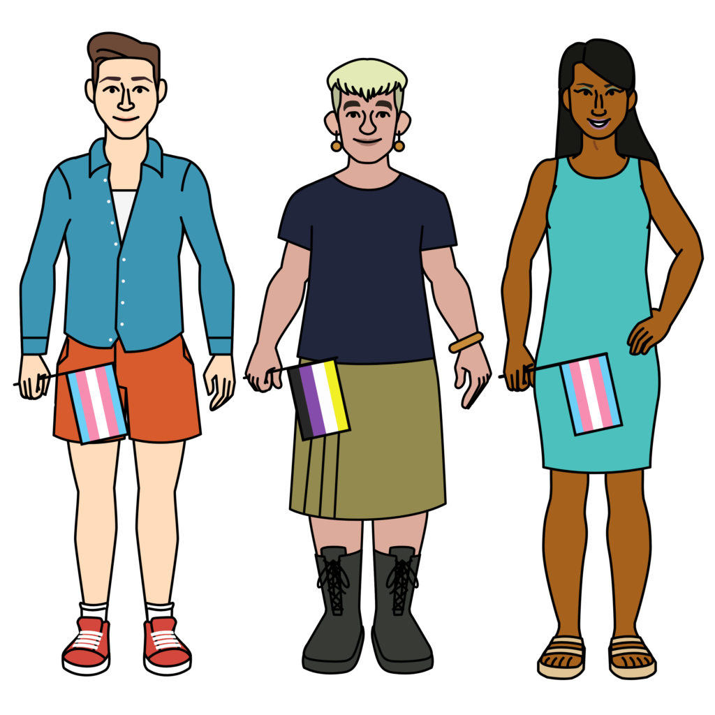 Illustration of three people of different genders holding transgender and non-binary pride flags.