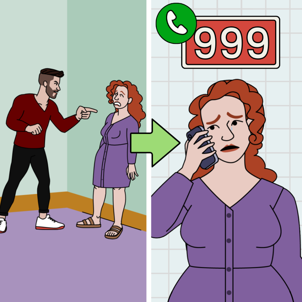 Illustration of a man angrily pointing at a distressed woman, followed by a scene of her calling emergency services on her phone.
