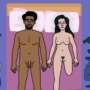 Illustration of a nude man and woman lying side by side on a bed, holding hands, with clothes scattered around them.