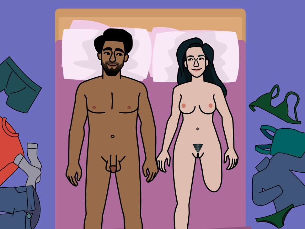 Illustration of a nude man and woman lying side by side on a bed, holding hands, with clothes scattered around them.