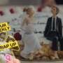 Graphic showing miniature bride and groom figurines sitting on top of a wedding cake, with raspberries and icing around them. A yellow label reads “Your Weekly Wrap Up” next to a classical statue graphic and a hand holding a condom.