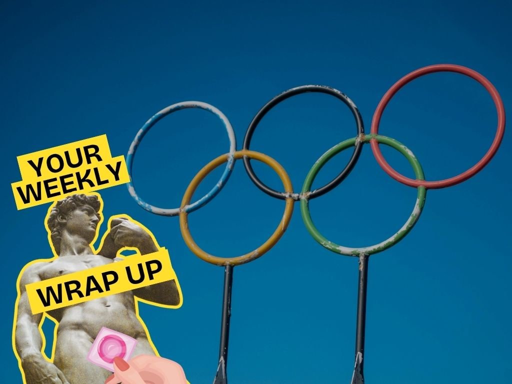 Olympic rings against a blue sky with a graphic reading “Your Weekly Wrap Up” over a classical statue illustration with a censored sticker.
