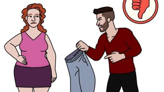 Illustration of a man criticising a woman while holding up clothing, suggesting controlling or abusive behaviour in a relationship.