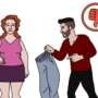 Illustration of a man criticising a woman while holding up clothing, suggesting controlling or abusive behaviour in a relationship.