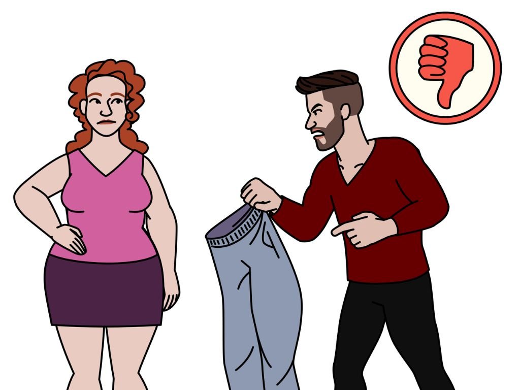 Illustration of a man criticising a woman while holding up clothing, suggesting controlling or abusive behaviour in a relationship.