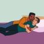 Illustration of two men lying on a bed, cuddling and smiling at each other.