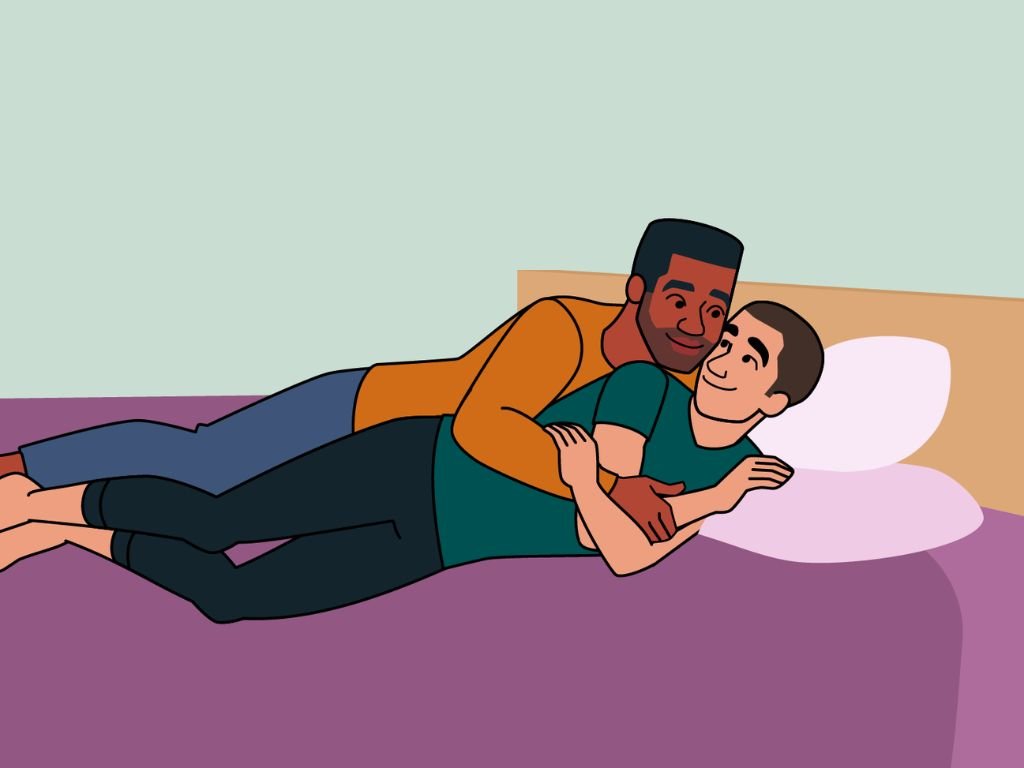 Illustration of two men lying on a bed, cuddling and smiling at each other.