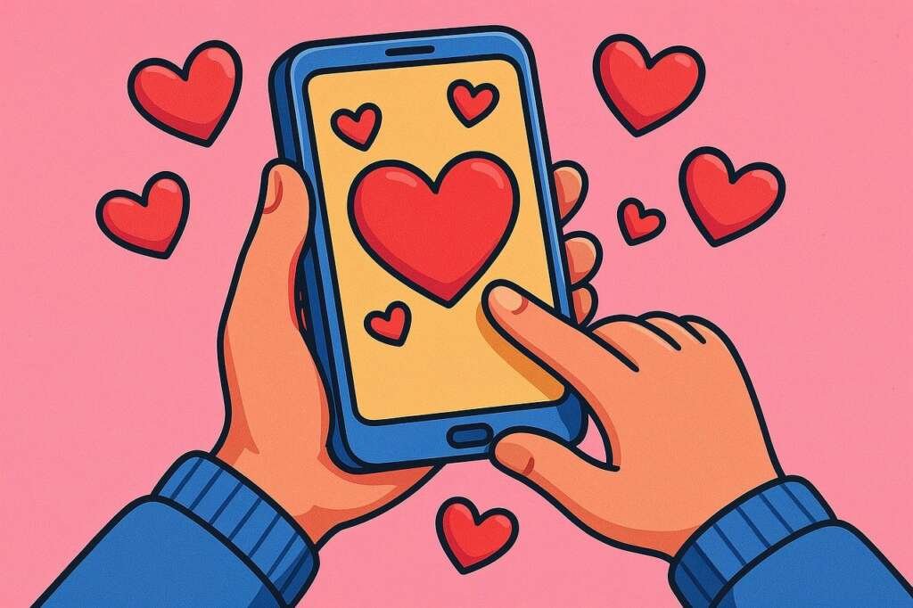 Illustration of hands holding a smartphone with a large heart on the screen and smaller hearts floating around it, representing dating or romantic messages on a mobile app.