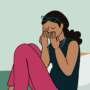 Illustration of a person sitting on the floor, knees pulled in, crying into their hands, suggesting emotional distress or heartbreak.