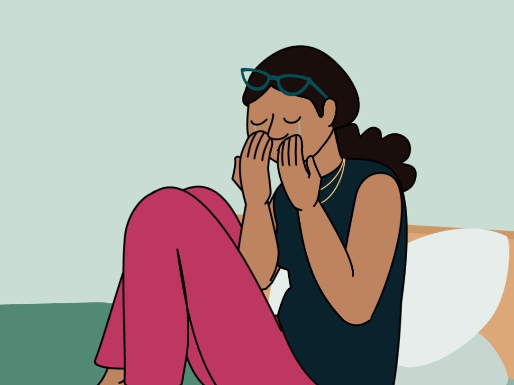 Illustration of a person sitting on the floor, knees pulled in, crying into their hands, suggesting emotional distress or heartbreak.
