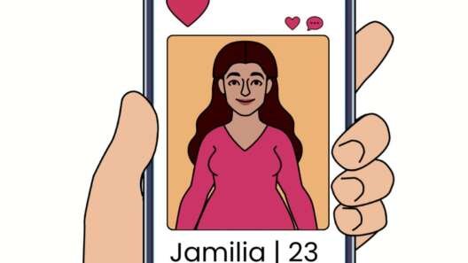 Illustration of a hand holding a phone displaying a dating app profile of a woman named Jamilia, 23, with like and dislike buttons.
