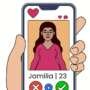 Illustration of a hand holding a phone displaying a dating app profile of a woman named Jamilia, 23, with like and dislike buttons.