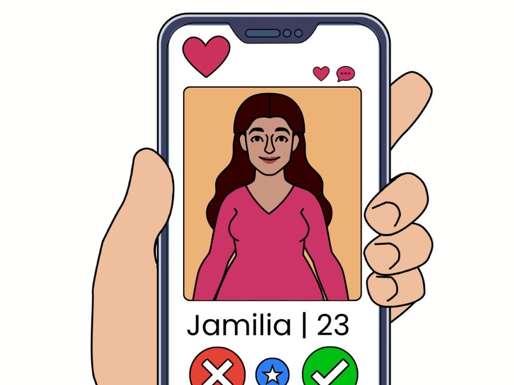 Illustration of a hand holding a phone displaying a dating app profile of a woman named Jamilia, 23, with like and dislike buttons.