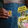 Close-up of a person wearing jeans, holding a packaged condom near their pocket. Overlaid graphic reads “Your Weekly Wrap Up” in bold yellow text, alongside a stylised image of a classical statue partially covered with a pink sticker.