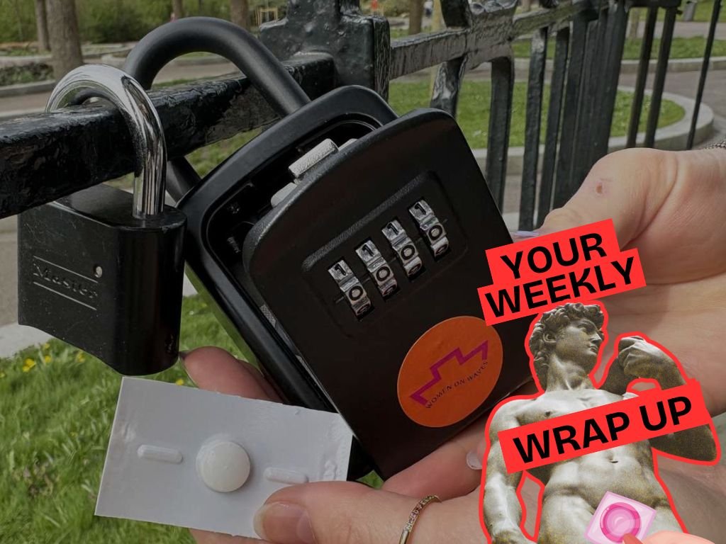 Close-up of a hand holding a blister pack with a single pill next to a black combination padlock attached to a metal fence outdoors. Overlaid graphic reads “Your Weekly Wrap Up” in bold red text, alongside a stylised image of a classical statue partially covered with a pink sticker.