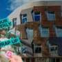 Exterior view of a modern building with angular windows and mixed brick and metal cladding under a blue sky. Overlaid graphic reads “Your Weekly Wrap Up” in bold turquoise text, alongside a stylised image of a classical statue partially covered with a pink sticker.