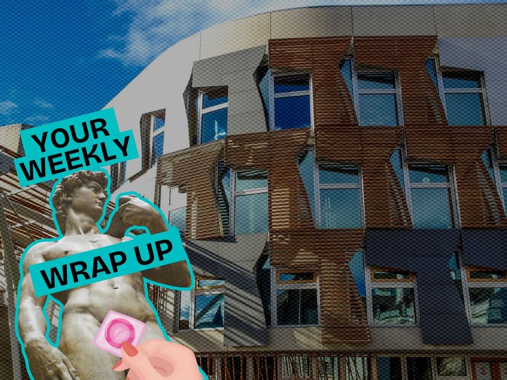 Exterior view of a modern building with angular windows and mixed brick and metal cladding under a blue sky. Overlaid graphic reads “Your Weekly Wrap Up” in bold turquoise text, alongside a stylised image of a classical statue partially covered with a pink sticker.