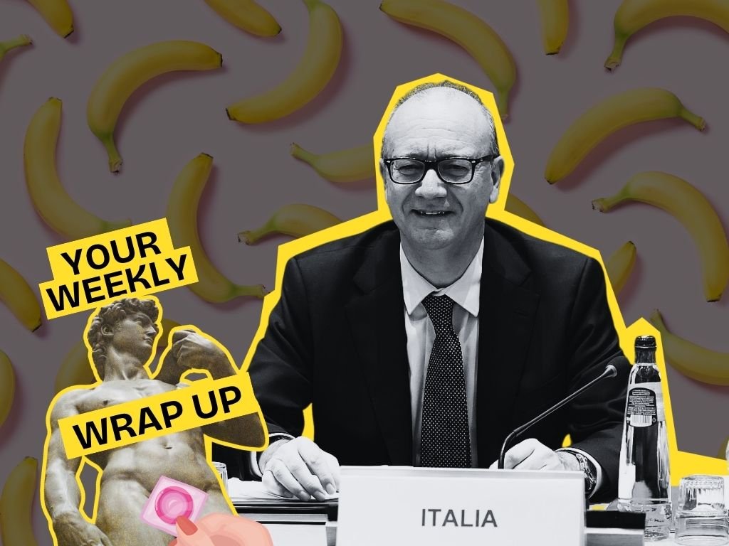 Black-and-white image of a man in a suit seated at a conference table with a nameplate reading “ITALIA,” set against a background patterned with bananas. A “Your Weekly Wrap Up” graphic featuring a classical statue and a condom illustration appears in the bottom left corner.