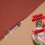 Promotional graphic for Pillow Talk Scotland’s “Your Weekly Wrap Up.” A syringe lies diagonally across a red and beige background. On the right, Michelangelo’s David is outlined in red and shown holding a condom, with bold red labels reading “Your Weekly Wrap Up.”