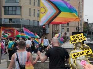A crowd marches through Glasgow during a Pride event, with people carrying rainbow, Progress Pride, bisexual and Palestinian flags. In the foreground, two people walk hand in hand beneath a large Progress Pride flag. Overlaid on the image is Pillow Talk Scotland's "Your Weekly Wrap Up" graphic featuring Michelangelo's David statue, bold yellow text and a pink condom illustration.