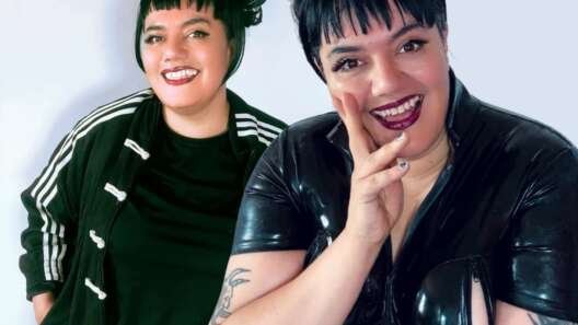 Becky Fury poses against a white background, smiling towards the camera in a black leather outfit, with a second image of her standing behind in a black jacket.