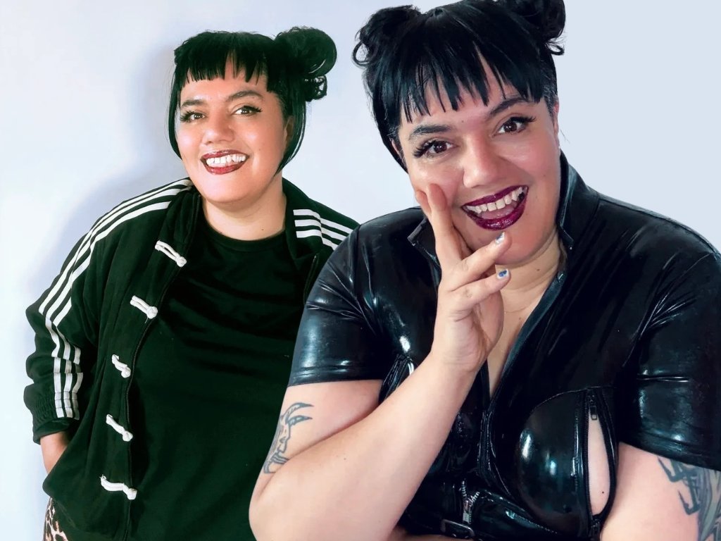 Becky Fury poses against a white background, smiling towards the camera in a black leather outfit, with a second image of her standing behind in a black jacket.