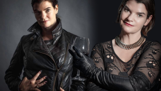 Melissa Todd appears twice in a composite studio portrait against a dark background. On the left, she wears a black leather jacket and gloves and holds a wine glass; on the right, she wears a black patterned top with a chunky silver necklace. In both portraits, she looks towards the camera.