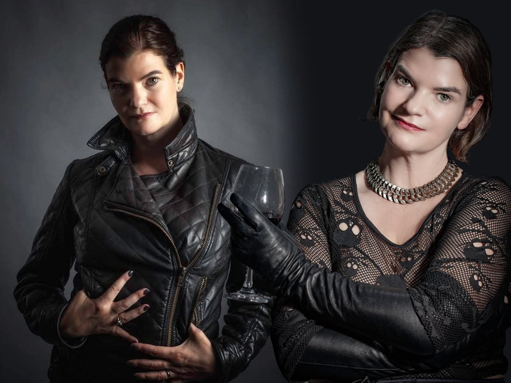 Melissa Todd appears twice in a composite studio portrait against a dark background. On the left, she wears a black leather jacket and gloves and holds a wine glass; on the right, she wears a black patterned top with a chunky silver necklace. In both portraits, she looks towards the camera.