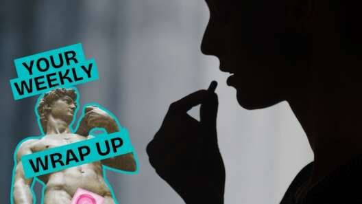 Graphic for “Your Weekly Wrap Up” showing a silhouetted person taking a pill, alongside a cut-out image of Michelangelo’s David and an illustrated hand holding a condom packet.