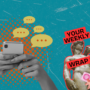 Collage-style graphic on a textured turquoise background. On the left, black-and-white hands hold a smartphone surrounded by orange dots and yellow speech bubbles. On the right, a cut-out classical male statue outlined in red holds a phone, with the words “Your Weekly Wrap Up” across it. An illustrated hand holding a condom appears in the bottom-right corner.