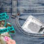 Collage-style graphic showing a condom packet tucked into the pocket of blue jeans. On the left, a cut-out classical statue outlined in turquoise holds a pink condom packet, with bold text reading “Your Weekly Wrap Up.”