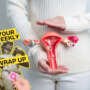 A person in a white jumper holds an anatomical model of the uterus and ovaries. A graphic in the corner reads “Your Weekly Wrap Up” alongside a classical statue and an illustration of a hand holding a condom.