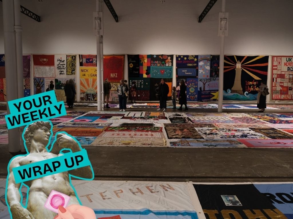 A large exhibition space filled with sections of the UK AIDS Memorial Quilt displayed across the floor and hanging on the walls, with visitors walking among them. A “Your Weekly Wrap Up” graphic appears in the lower-left corner.