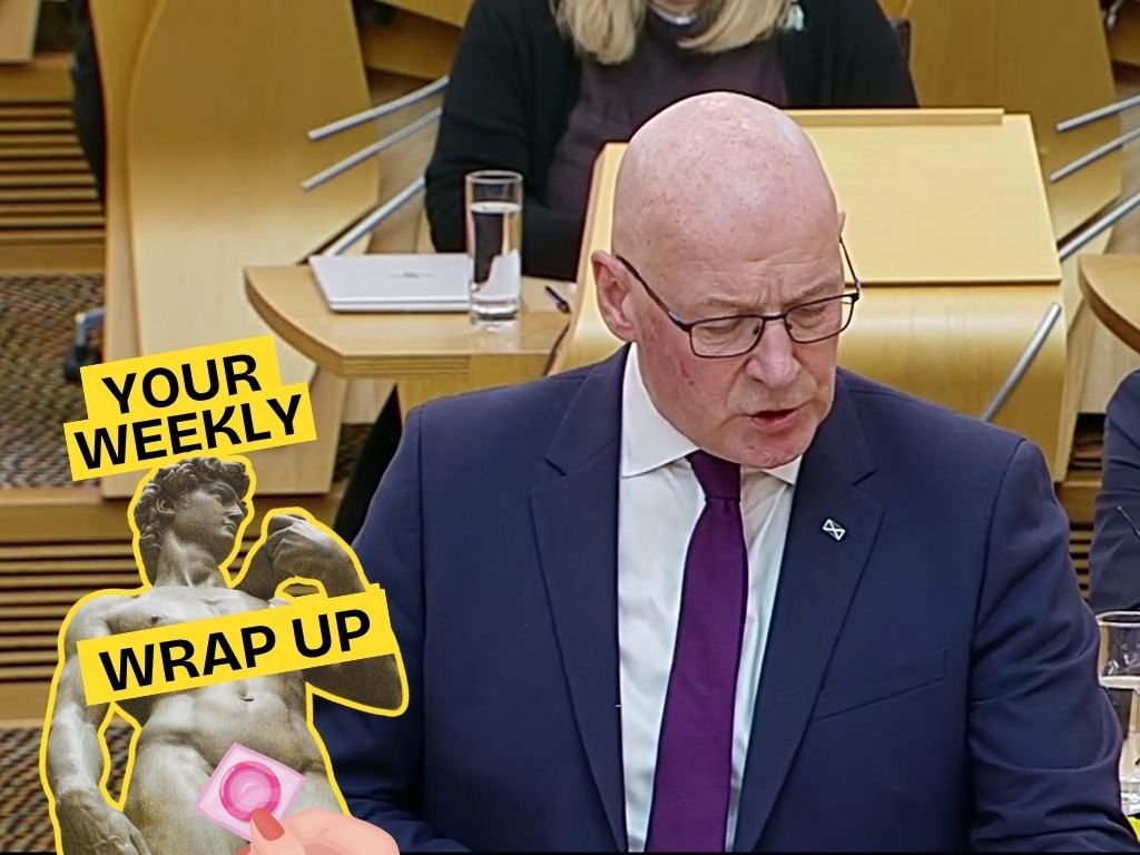 A bald man in glasses and a dark suit speaks in the Scottish Parliament chamber. A “Your Weekly Wrap Up” graphic with a classical statue and condom illustration appears in the lower-left corner.