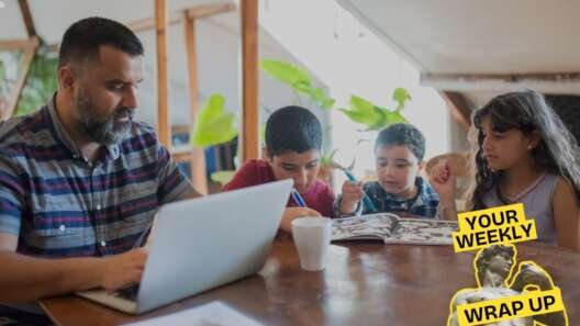 A man works on a laptop at a table while three children sit beside him drawing and looking through a book. A “Your Weekly Wrap Up” graphic with a classical statue and condom illustration appears in the lower-right corner.