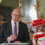 A bald man in glasses, a dark suit and purple tie speaks at a lectern beside a Scottish flag, with an ornate mirror behind him. A “Your Weekly Wrap Up” graphic with a classical statue and condom illustration appears on the right.