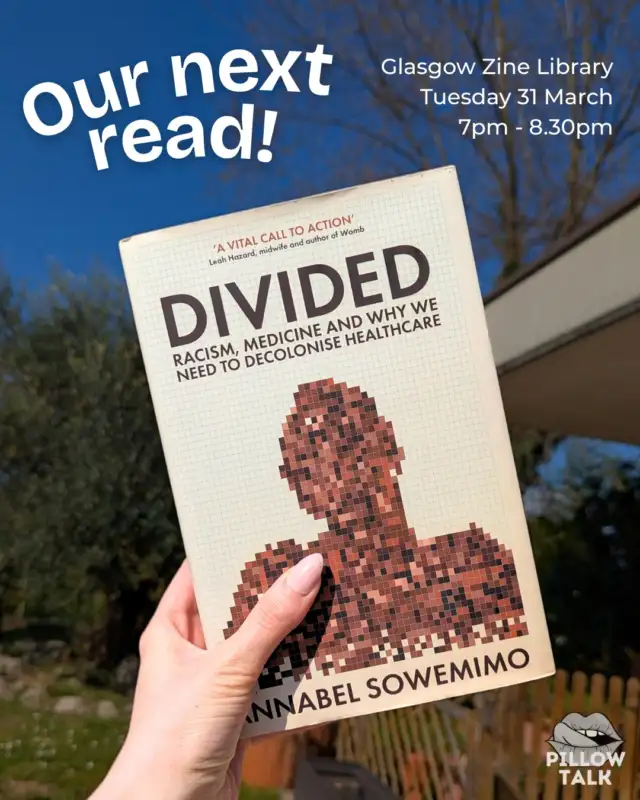 Join us this March 31st to chat about Divided: Racism, medicine and why we need to decolonise healthcare ✨ We'll be discussing chapter 6 "They call her jezebel", which you can find at the link in our bio, where you'll also be able to sign up for the event.

Don't feel pressured to read it all, the reading group is a chance for a chat, a laugh, and a snack. No pressure at all!

This will be our last reading group at the Glasgow Zine Library, which has been our home for the past three years. It's a bittersweet moment as we're gutted to leave the space but also thankful to the GZL team for their kindness and for helping us build this gorgeous community.

Here are the details to come along:

📌@glasgowzinelib (for the last time 😭)
📆 31 March
💸 Free!
⏰7-8.30pm

See you then!

#readinggroup #glasgowevents #bookclubbook #whatsonglasgow #glasgowsouthside #bookclubglasgow #bookclubscotland